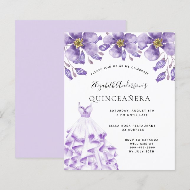 Lámina Presupuesto Quinceanera vestido blanco violeta flo (Anverso / Reverso)
