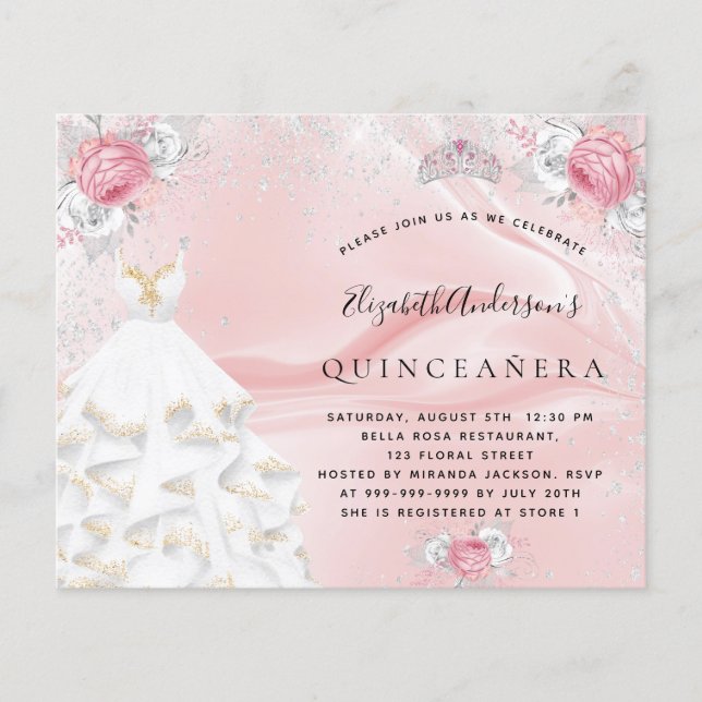 Lámina Presupuesto Quinceanera vestido purpurina rosa ros (Anverso)