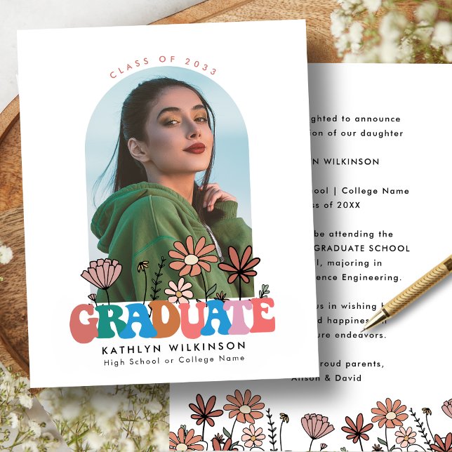 Lámina PRESUPUESTO Retro Arco Floral Foto GRAD Invitación (Subido por el creador)