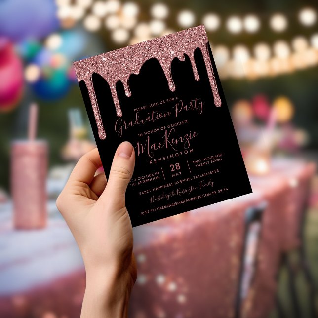 Lámina PRESUPUESTO Rosa negro Purpurina Oro Dris Fiesta G (BUDGET Black Rose Gold Glitter Drips Grad Party Invitation)