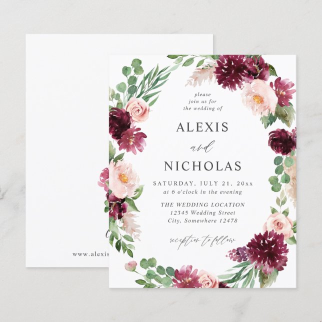 Lámina Presupuesto Rosa y Floral Burgundy 7 Bodas (Anverso / Reverso)