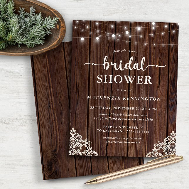 Lámina PRESUPUESTO Rústico Lace Wood String Light Ducha d (BUDGET Rustic Lace Wood String Light Bridal Shower Invitation)