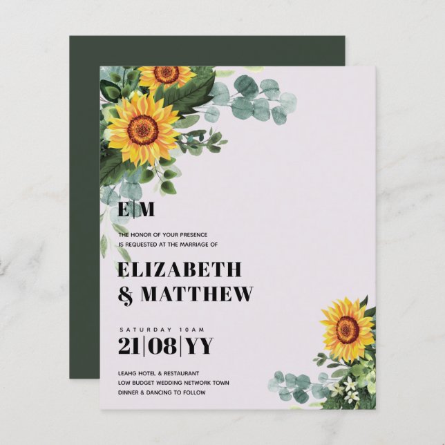 Lámina PRESUPUESTO Rústicos girasoles Boda de texto moder (Anverso / Reverso)