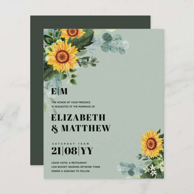 Lámina PRESUPUESTO Rústicos girasoles Boda de texto moder (Anverso / Reverso)