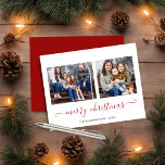 Lámina PRESUPUESTO Sencillo Guión Rojo Fotos de navidad<br><div class="desc">BUDGET Red Script Modern Merry Christmas Photo Holiday Card con dos de tus fotos favoritas y un sencillo pero elegante guión Feliz Navidad. La parte trasera está decorada con un fondo rojo de invierno festivo. ¡Perfecto para tus tarjetas de vacaciones este año! **Nuestro artículo de PRESUPUESTO es más pequeño, más...</div>