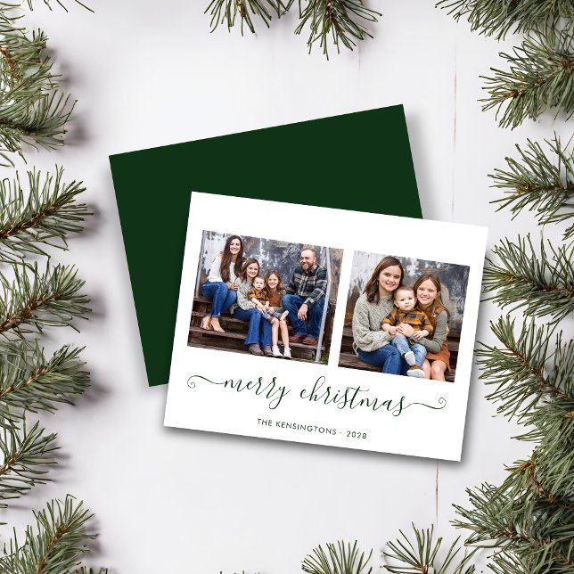 Lámina PRESUPUESTO Simple Guión Verde Fotos navideñas (BUDGET Simple Green Script Merry Christmas Photo Card)