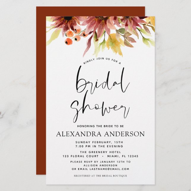 Lámina Presupuesto Sunflower Bridal Shower Burgundy Flora (Anverso / Reverso)