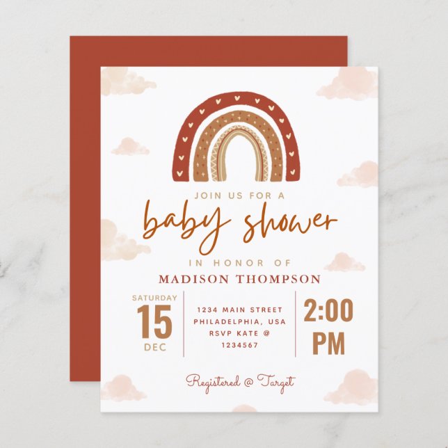 Lámina Presupuesto Terracota Boho Rainbow Baby Shower (Anverso / Reverso)