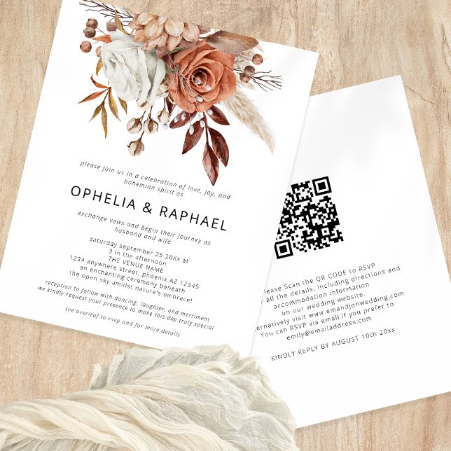 Lámina Presupuesto Terracotta Florals QR Código Boda bohe (Front and back view)