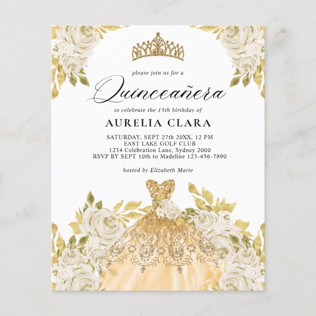 Lámina PRESUPUESTO Vestido dorado marfil Floral 15 Quince (Anverso)