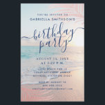 Lámina PRESUPUESTO Volante Fiesta rosa de cumpleaños en p<br><div class="desc">Barato Presupuestario asequible tamaño de media página Invitación con una estética rosa y verde azulada puesta de sol en la playa del océano azul acuático con hojas de palmera de oro rosa y fondo superpuesto en una invitación de cumpleaños temática de playa de verano. Las palabras se pueden cambiar para...</div>