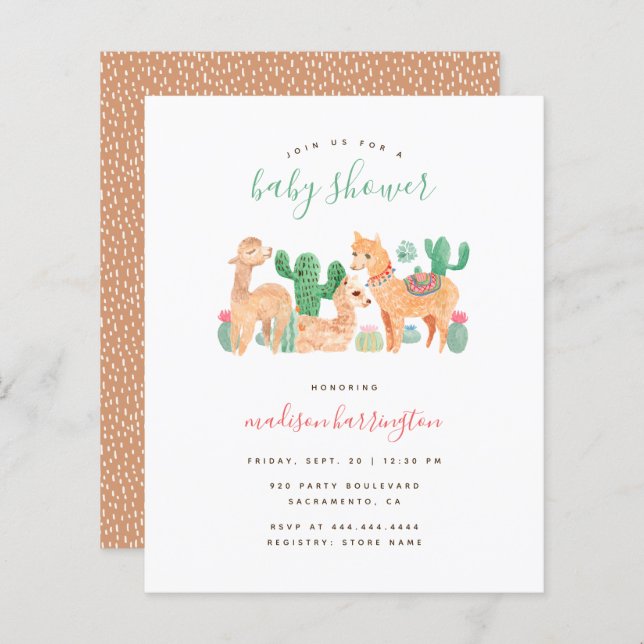 Lámina Presupuestos Alpaca Llama Cactus Boho Baby Shower (Anverso / Reverso)