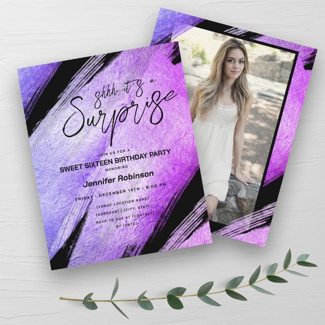 Lámina Presupuestos Moderno Morado Sorpresa Dulce 16 Invi (Budget Modern Purple Surprise Sweet 16 Invites )