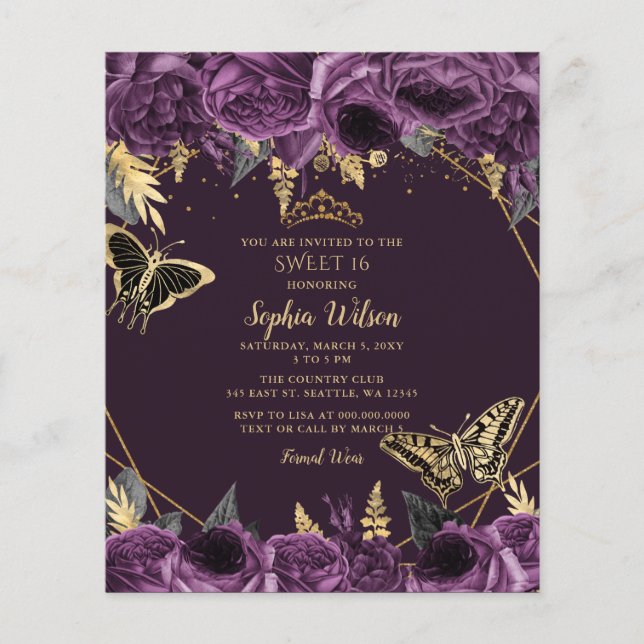 Lámina Presupuestos Morado Floral Mariposa Dulce 16 Invit (Anverso)