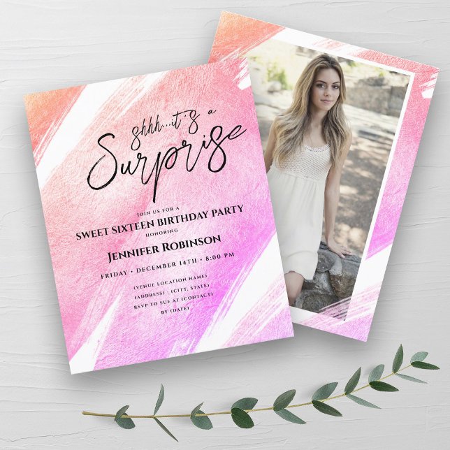 Lámina Presupuestos Rubor Rosado Ombre Sorpresa Sweet 16  (Budget Pink Blush Ombre Surprise Sweet 16 Invites)