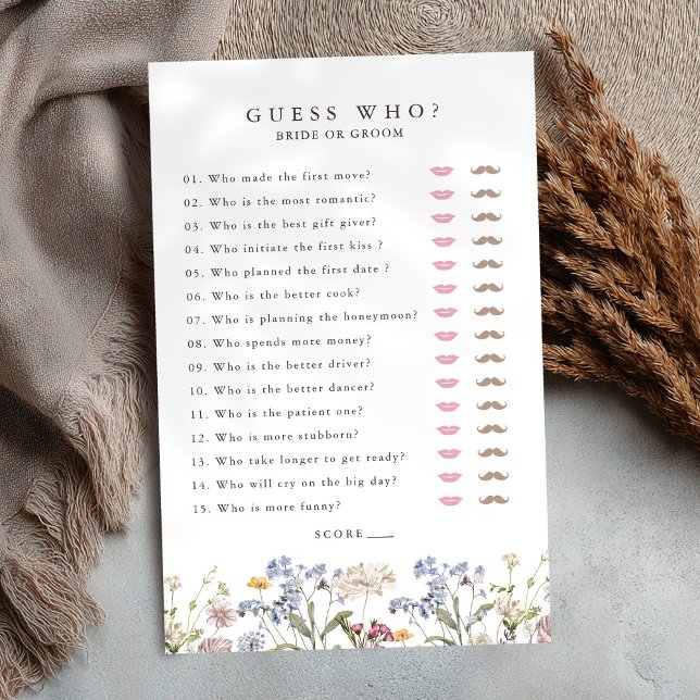 Lámina Primavera Flor silvestre pradera Jardín de novias  (Spring Wildflower Meadow Garden Bridal Shower Game guess who? bride or groom)