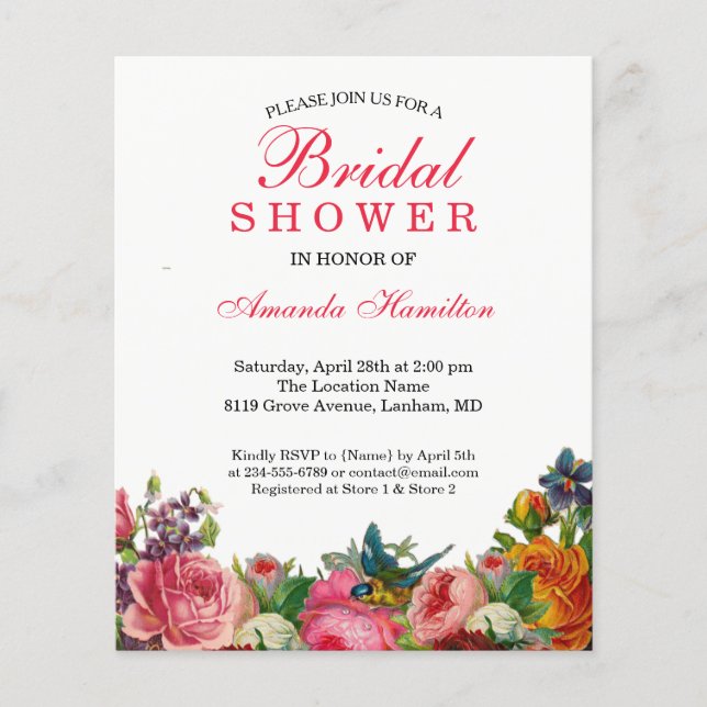 Lámina Primavera rústico Floral rosa BIRD Bridal Shower (Anverso)