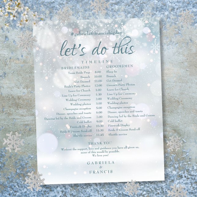 Lámina Primer calendario de bodas de invierno con copos d (First Snowflakes Winter Wedding Schedule Timeline)