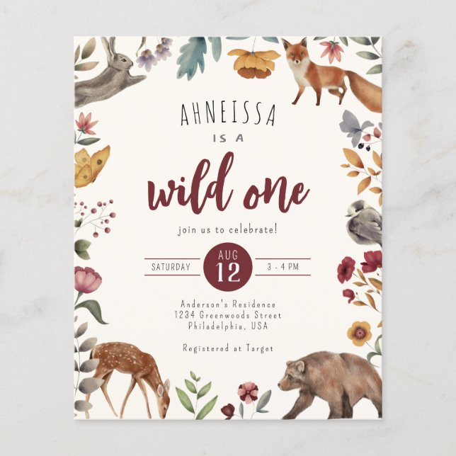 Lámina Primer cumpleaños de Budget Wild One Animal Woodla (Anverso)