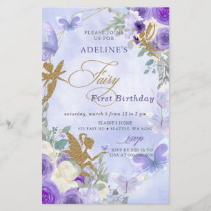 Lámina Primer cumpleaños del producto mariposas púrpura