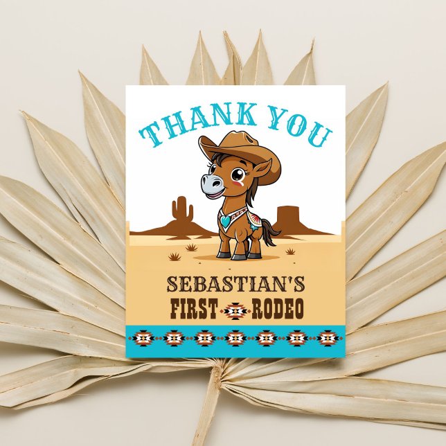 Lámina Primera carta de agradecimiento al caballo de cowb (First rodeo birthday party thank you card cute baby horse cowboy Arizona landscape thank you card)