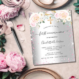 Lámina Primera comunión chica invitación floral rosa plat