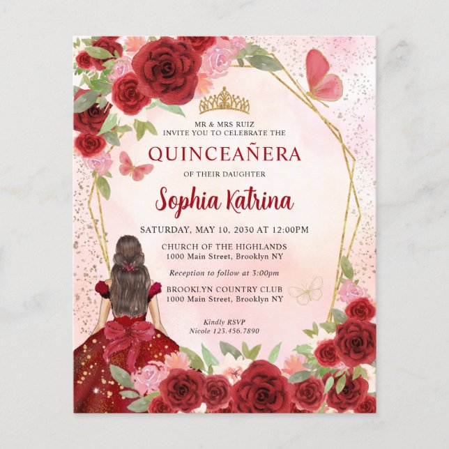 Lámina Princesa floral de oro de Borgoña Quinceañera (Anverso)