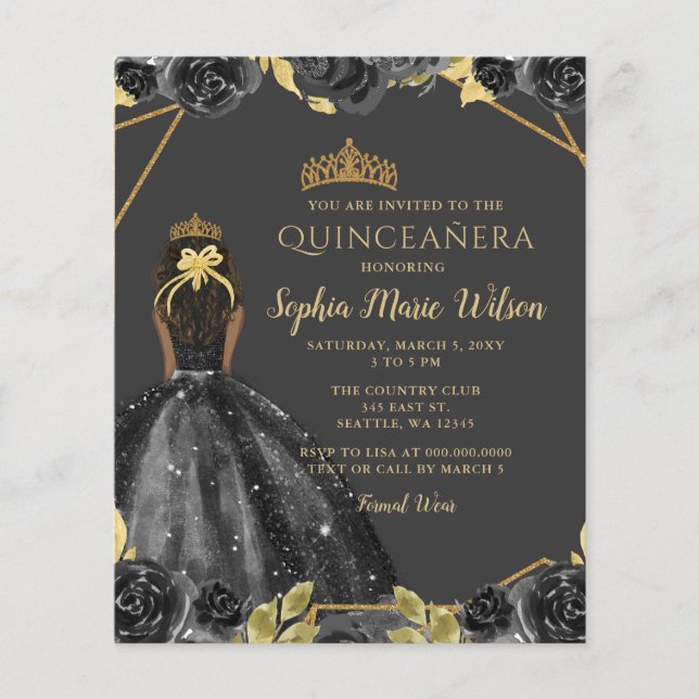 Lámina Princesa floral de oro negro de presupuesto Quince (Anverso)