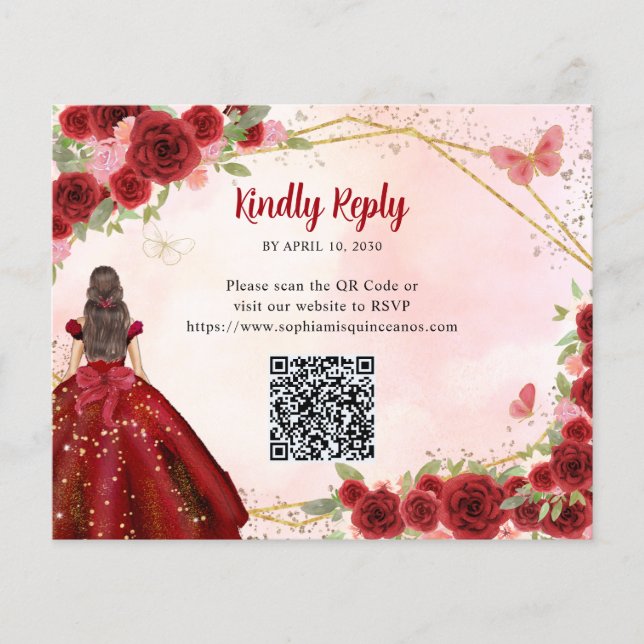 Lámina Princesa floral de oro rojo borgoña QR RSVP (Anverso)