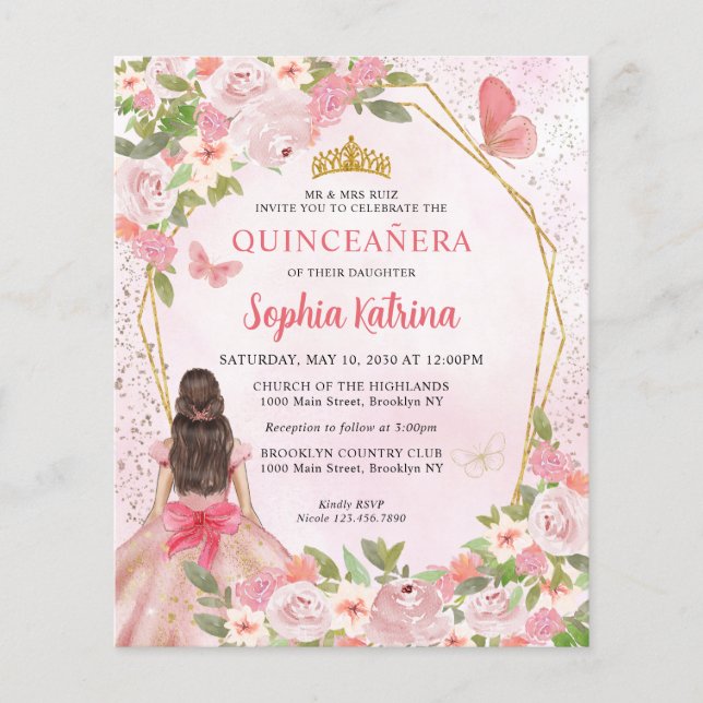 Lámina Princesa Floral de oro rosado Quinceañera (Anverso)