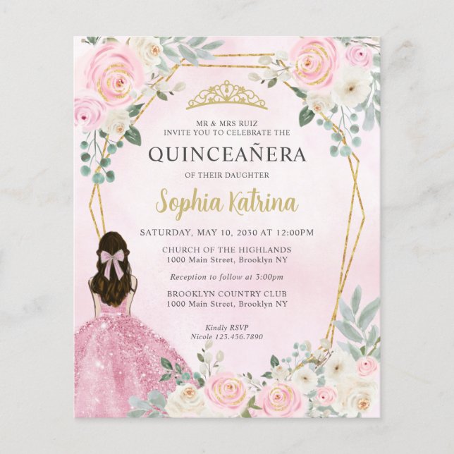 Lámina Princesa Floral de oro rosado Quinceañera (Anverso)
