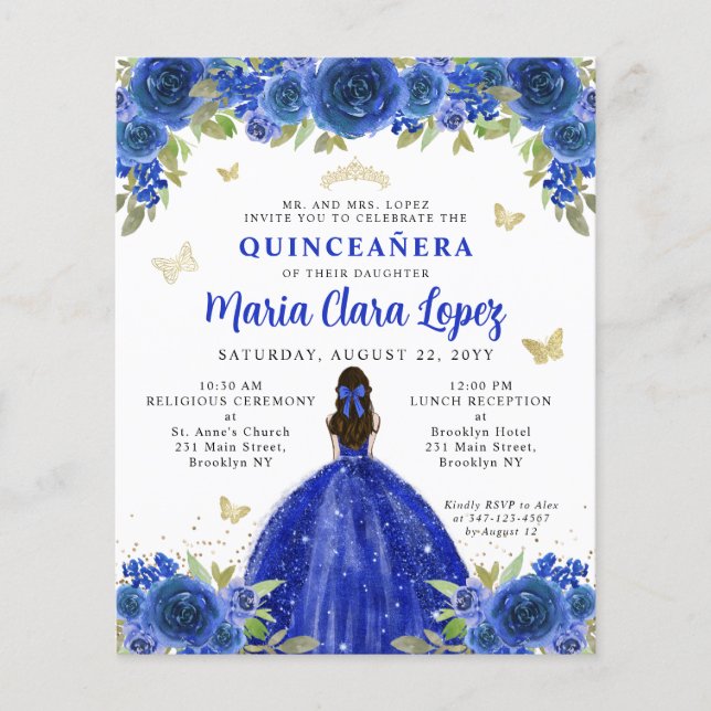 Lámina Princesa floral real de oro azul Quinceanera (Anverso)