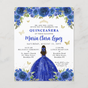 Lámina Princesa floral real de oro azul Quinceanera