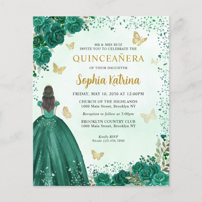 Lámina Princesa floral verde esmeralda Quinceanera (Anverso)