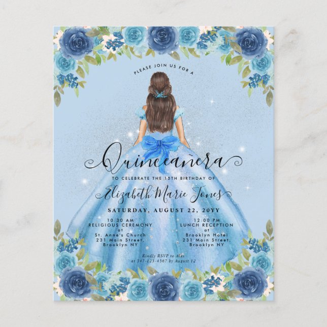 Lámina Princesa Quinceanera de gris azul con flores y pre (Anverso)
