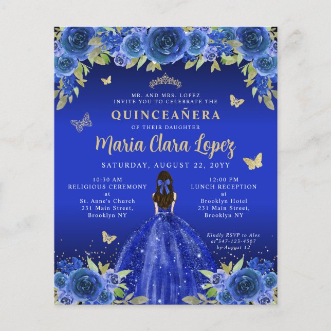 Lámina Princesa Quinceanera de oro azul floral real (Anverso)