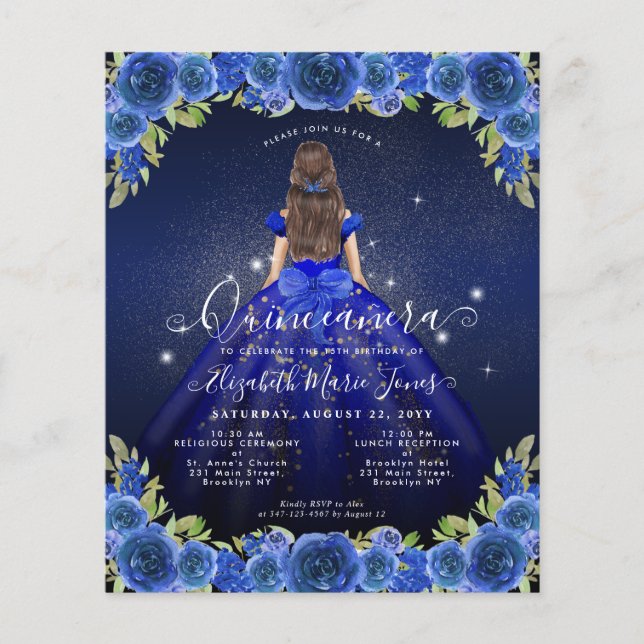 Lámina Princesa Quinceanera de oro azul floral real (Anverso)