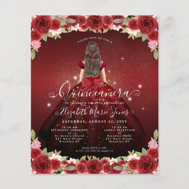 Lámina Princesa Quinceanera de oro floral borgoña (Anverso)