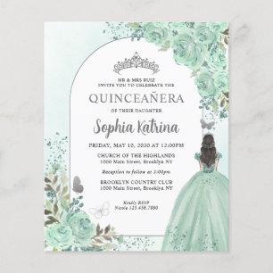 Lámina Princesa Quinceanera floral verde de plata