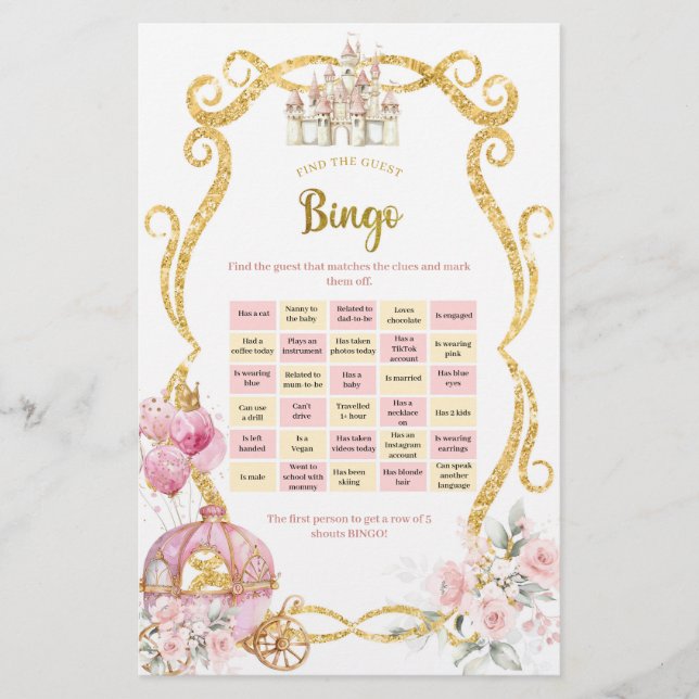 Lámina Princesa Real Encuentra Juegos De Bingo Invitado (Anverso)