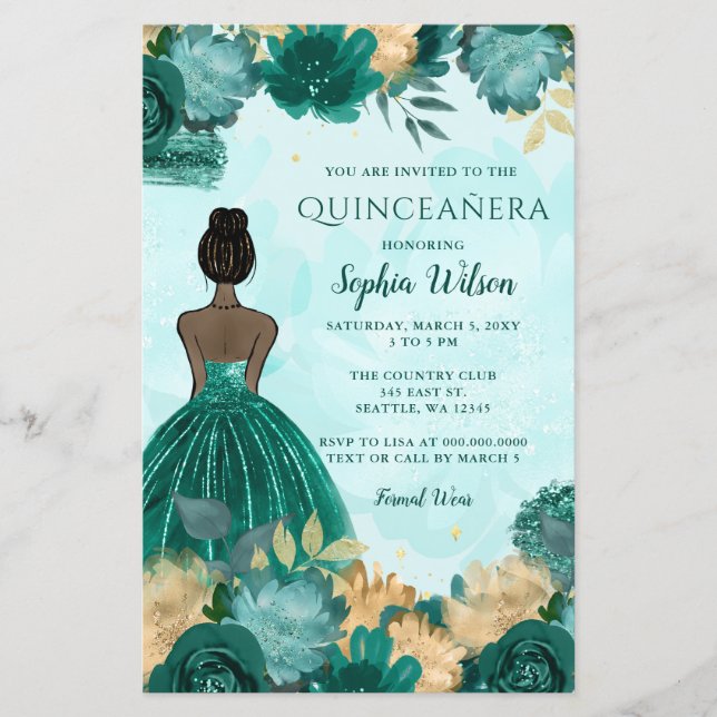 Lámina Princesa Verde azulada de oro turquesa Quinceañera (Anverso)
