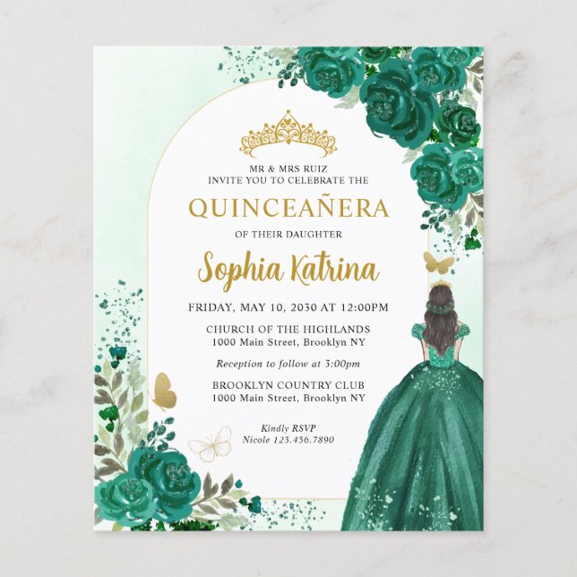 Lámina Princesa verde esmeralda floral presupuestal Quinc (Anverso)