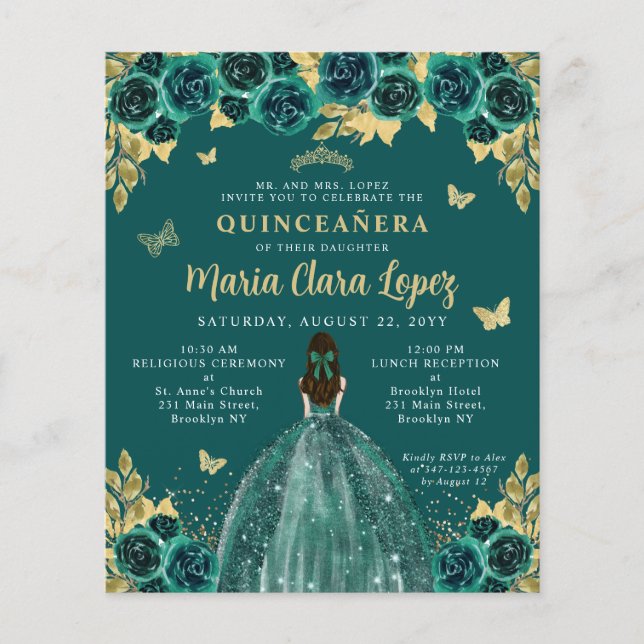 Lámina Princesa verde esmeralda floral presupuestal Quinc (Anverso)