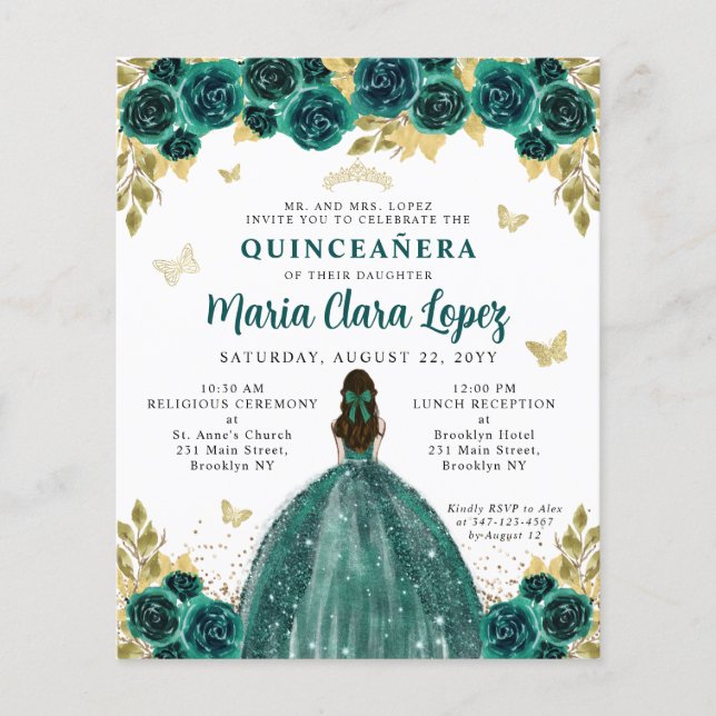 Lámina Príncipes de oro floral esmeralda Quinceanera (Anverso)