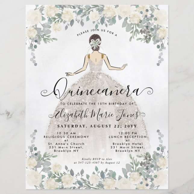 Lámina Príncipes florales de marfil blanco Quinceanera (Anverso)