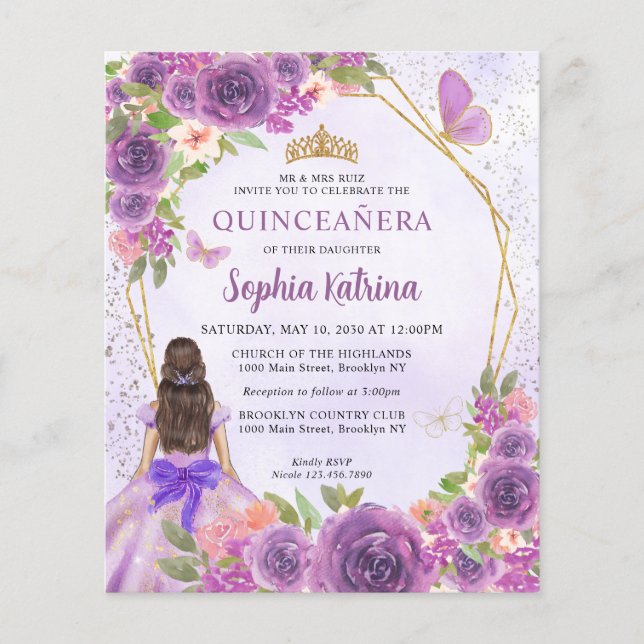 Lámina Príncipes florales de oro púrpura Quinceañera (Anverso)