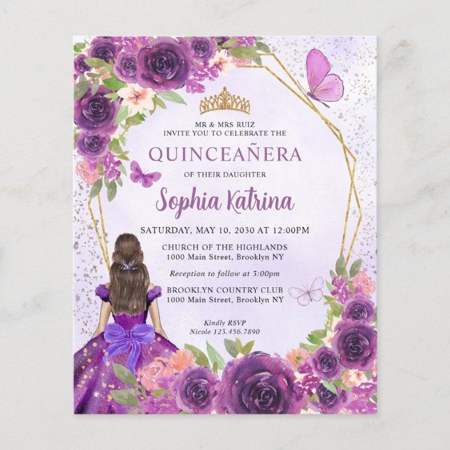 Lámina Príncipes florales de oro púrpura Quinceañera (Anverso)