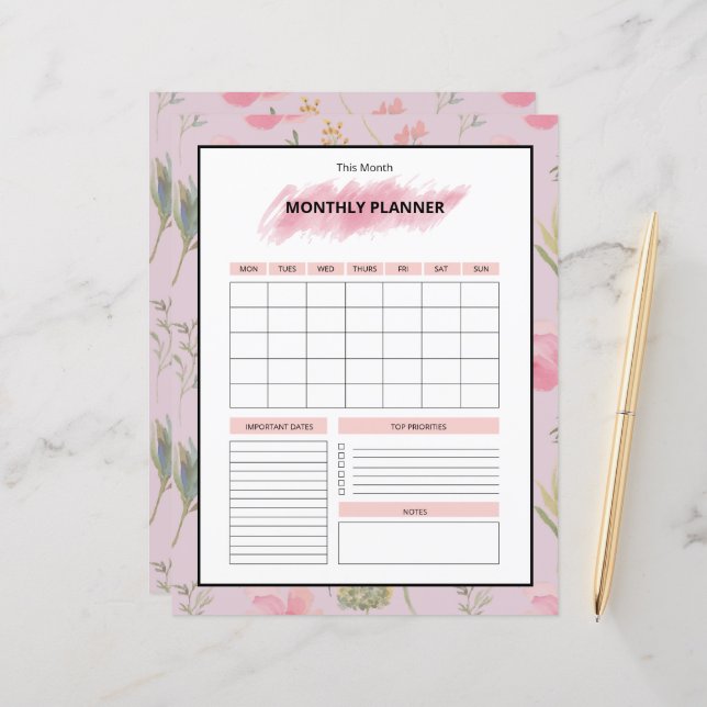 Lámina Printable Monthly Planner Template (Anverso/Reverso In Situ)