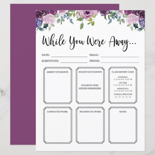 Lámina Profesora De Sustitución De Flores Mientras No Est (Anverso / Reverso)