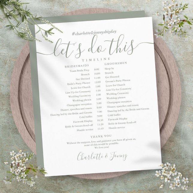 Lámina Programación de la línea de tiempo del Boda del gu (Sage Green Script Wedding Schedule Timeline)